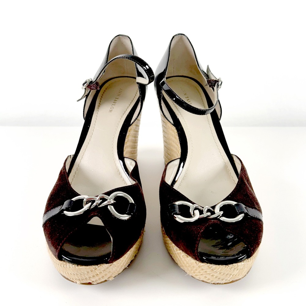 Ann Taylor Womens Black Patent Suede Wedge Peep Toe Heels Shoes Size 9